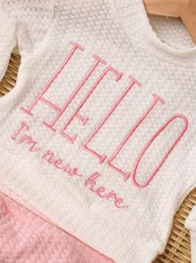 SHEIN HELLO 字母刺绣新生儿摄影服装，男宝宝女宝宝上衣裤子帽子 3 件套，婴儿 1 个月 100 天影楼拍照服装