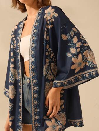 CAJUNI 女士热带花卉印花波西米亚风海滩罩衫，宽松版型