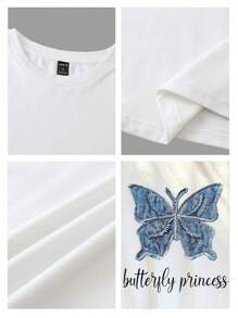 Tseoso 休闲简约复古蓝色蝴蝶和手写字母印花修身女式背心，含34%棉，适合夏季 - 白色 - 查看 8