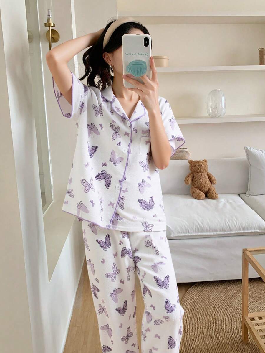 SHEIN Tween Girl 柔软纹理面料紫色蝴蝶印花长裤和短袖宽松休闲 2 件套家居服套装 - 杏色 - 查看 1