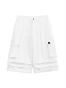 NEON BLANC 男士时尚街头阔腿宽松粘胶休闲七分短裤，适合学校穿着 - 白色 - 查看 1