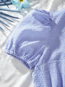 Blusa de línea A con manga corta a cuadros dulce y linda, ropa casual de vacaciones, vestimenta de verano para niña con lazo