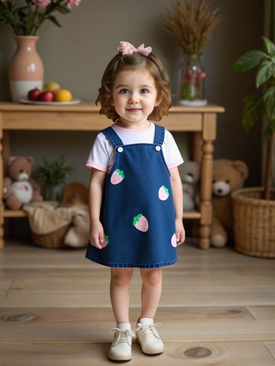 Conjunto de vestido de verano para niña bebé con diseño de fresa, cuello redondo, mangas cortas blancas y tirantes de mezclilla - Multicolor - Ver 1