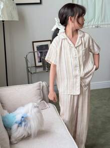 DAZY 女童条纹短袖上衣和裤子睡衣套装，春夏 - 杏色 - 查看 1