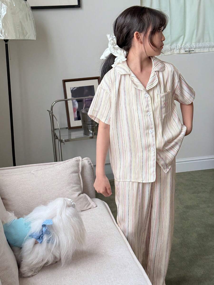 DAZY 女童条纹短袖上衣和裤子睡衣套装，春夏 - 杏色 - 查看 1