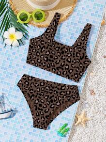 SHEIN Tween Girls Casual Minimalist Spaghetti Strap Tank Top And Triangle Bottoms Swimsuit Set, Suitable For Summer - Multicolor - View 3