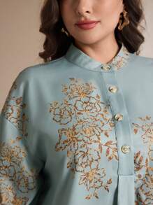 Veilorie 大码女式花卉印花长袖纽扣中式领衬衫