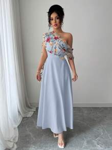 Elenzga Đầm Maxi Ren Thêu Cổ Bất Đối Xứng Phong Cách Pháp Thanh Lịch Cho Nữ, Xuân/Hè - Nhiều màu - Xem 6