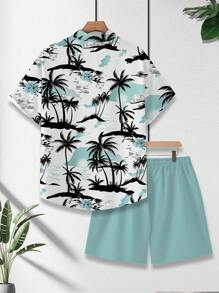 Manfinity RSRT Coconut Tree Printed Short Sleeve Shirt And Mint Green Shorts Vacation Set For Men - Multicolor - View 4