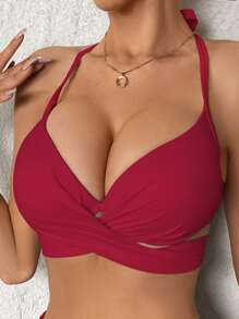 Swim DD+ Women's Summer Beach Solid Color Criss-Cross Design Bikini Top - Burgundy - View 4