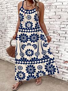 Breezaya 大码休闲度假植物印花无袖长裙女装 - 彩色 - 查看 5