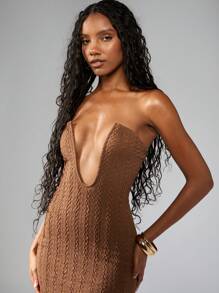 MISSGUIDED Textured Mini Bodycon Dress Plunging Neckline Strapless Nightclub Party Clubwear Form Fitting Club Night Out Stretchy Knit Evening - Brown - View 5