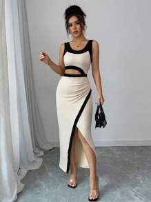 SHEIN PETITE Elegant Asymmetrical Cropped Waist Sexy Elegant Dress - Apricot - View 5