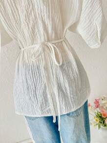 GlowEve 女士时尚办公室/休闲不对称白色短袖圆领衬衫