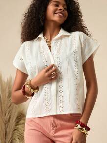 Bóhologie Blusa donna senza maniche con colletto, bottoni e ricamo, in tessuto lavorato a maglia di colore unito, adatta per primavera, estate, vacanze e stile boho