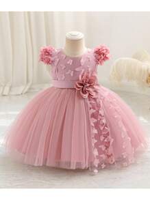 SHEIN Leap Crew Baby Girl Princess Elegant & Sweet Cute Round Neck 3D Floral Decor Party Dress - Pink - View 4