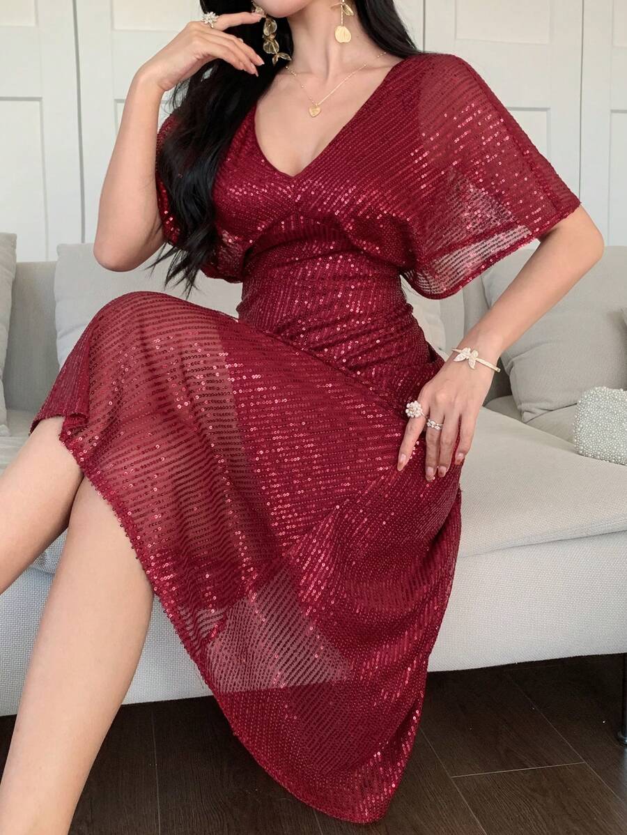 DAZY Women's Sequined V-Neck Empire Waist Dress, Elegant Long Formal Gown For Party Prom Dress