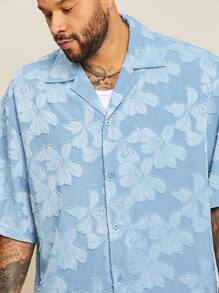 EASEVO Plus Size Men's Denim Effect Cutout Half Sleeve Blue Shirt And Shorts Set, Suitable For Summer