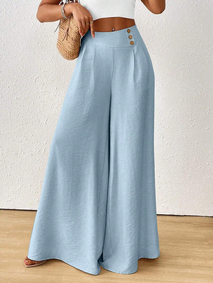 SoleilVie Quần ống rộng xếp ly thường ngày cho nữ - Màu xanh lam - Xem 1