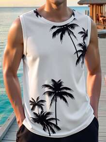 Manfinity RSRT Men's Casual Palm Tree Print Round Neck Tank Top - Black and White - View 8