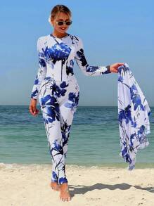 Swim Shayni Ladies' Conservative Beach Holiday Swimsuit With Blue & White Tie-Dye Print, Long Sleeves, Long Legs, With Mesh Skirt - Multicolor - View 4