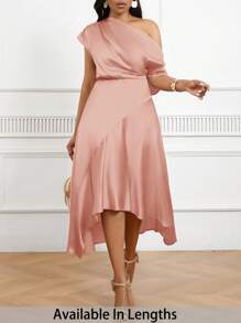 SHEIN Tall CURVE 加大码不对称下摆缎面收腰礼服，优雅晚礼服 - 西瓜粉 - 查看 1
