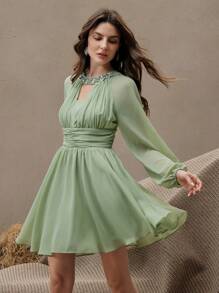 Anewsta Elegantes Chiffon Kleid mit geometrischem Muster und Langarm, geeignet für den Stadtbummel