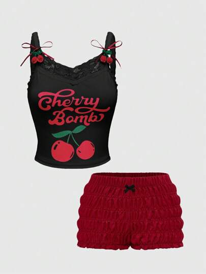 Kawaii Ensemble deux pièces pour femmes composé d'un débardeur à dentelle contrastante imprimé cerises et d'un short, pour un port quotidien en été