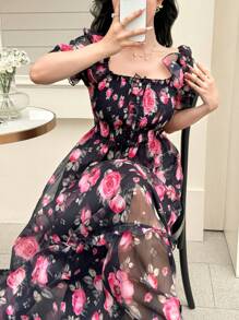 Modelyn French Square Neck Digital Floral Print Chiffon Dress For Women - Multicolor - View 1