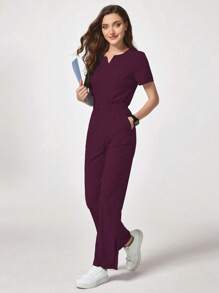 TaskEZ Solid Color Notched Neck Short Sleeve Top And Pocket Long Pants /Care Worker Scrub Uniform Set - Purple - View 3
