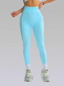 Easithlete Solid Color Seamless Hollow High Waist Sports Leggings - Blue - View 4