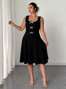 SHEIN LUNE Plus Size Women Casual Elegant Bow Decor Sleeveless Dress Graduation Dress Wedding Guest Dress Women - Black and White - View 5