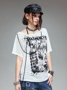 ROMWE Grunge Punk 朋克骷髅轮廓印花透视斜肩宽松竹纤维女式T恤 - 白色 - 查看 7