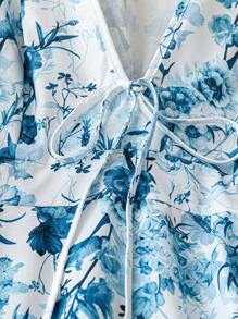 SHEIN LUNE Vestido maxi de manga larga con cuello en V, estampado floral y lazo falso para mujer talla grande, azul y blanco, elegante, para primavera/verano