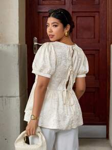 SHEIN LUNE Áo len cardigan dệt kim tay ngắn cổ nhún bóng cỡ lớn cho nữ - Rượu sâm banh - Xem 4