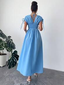 Firerie Ladies Sky Blue Summer Elegant Vacation Outfits,Boho Pleated Long Skirt With Drawstring Shoulder,Umbrella Graduation Prom Wedding Guest Party Dress - Pink - View 4