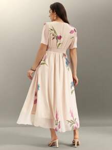 Flouryn Plus Size Women Elegant Chiffon Floral Print V-Neck Ruffle Sleeve Waist Cinched Long Dress - Multicolor - View 2