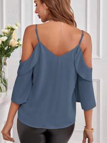 SHEIN Clasi Ladies Solid Color Off Shoulder Ruffle Trim Spring Shirt - Dusty Blue - View 2