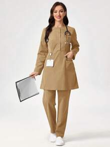 TaskEZ Solid Color Buttoned Half Front Placket Long Sleeve Pocket Shirt And Pants Scrub Uniform Set - Camel - View 4