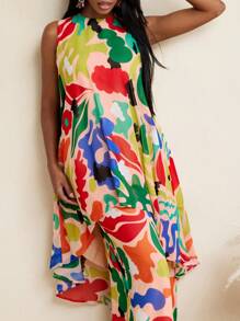 JIAN LASALA Summer Colorful All-Over Printed Soft Flowy Chiffon Sleeveless A-Line Vest Top Vacation Outfits Hawaii Outfits Women Ankara Tops Resort Wear Rave Outfits Festival Vintage Homecoming SXY