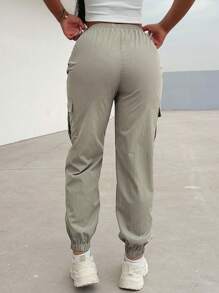 BamGleam 女士休闲百搭纯色抽绳工装裤 - 淺灰色 - 查看 2