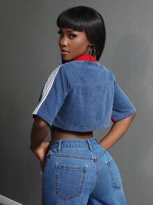 Slaydiva Women Contrast Side Stripe Zip Front Crop Denim Jacket - Multicolor - View 3