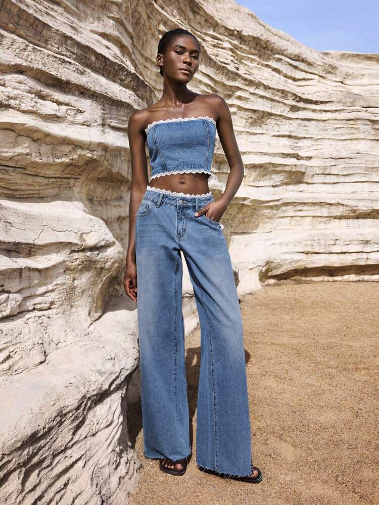 SHEIN Maija Top tube en jean pour femmes, style pur avec couture en dentelle et nœud papillon. Top tube d'été pour festival de musique, sortie