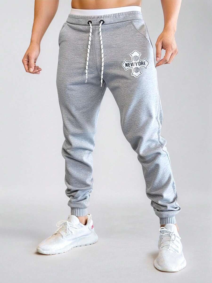 Manfinity Homme Men's Casual Elastic Waist Drawstring Skinny Jogger Pants - Grey - View 1