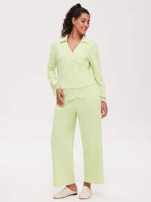 LUVLETTE Soft 100% Pure Cotton Lace Trim Button-Up Top & Pants Loungewear Pajama Set Pants With Pockets Fall Pajamas Clothes,Spring And Summer - Green - View 9