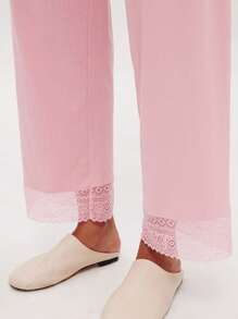 LUVLETTE Soft 100% Pure Cotton Pink Lace Trim Button-Up Top & Pants Loungewear Pajama Set Pants With Pockets Bridal Intimates Fall Pajamas Clothes,Spring And Summer - Baby Pink - View 12
