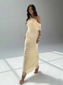 Aloruh Women's Birthday Party Dress Cocktail Dance Concert Music Festival Dinner Greek Goddess Dress Holiday Apricot Dress Mesh Knit Bodycon Dress Solid Color Asymmetrical Collar Splice Chiffon Dress, Elegant Style