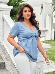 SHEIN Essnce Plus Size Women V-Neck Short Sleeve Twist Casual Denim Top - Army Green - View 4