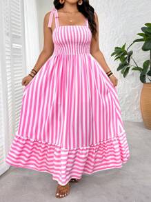 SHEIN Tall CURVE 大码女式度假细肩带条纹打结吊带连衣裙 - 粉色 - 查看 6