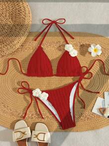 SHEIN Swim 2pcs Women Beach Outfit: Solid-Color Floral Print Halter Crop Top & Side-Tie Swim Bottoms Bikini Set - Red - View 1